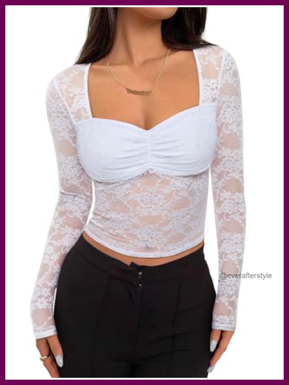 Women's Sheer Mesh Lace Long Sleeve Slim Fitted Blouse
